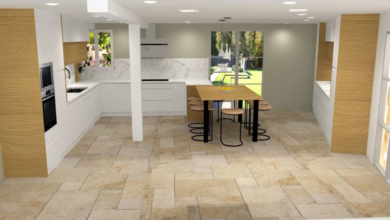 Projet 3D d'une cuisine avec angle fermé en façade blanc mat et bois massif sans poignées avec gorge et plan de travail en céramique calacatta gold Silk à Castres Gironde