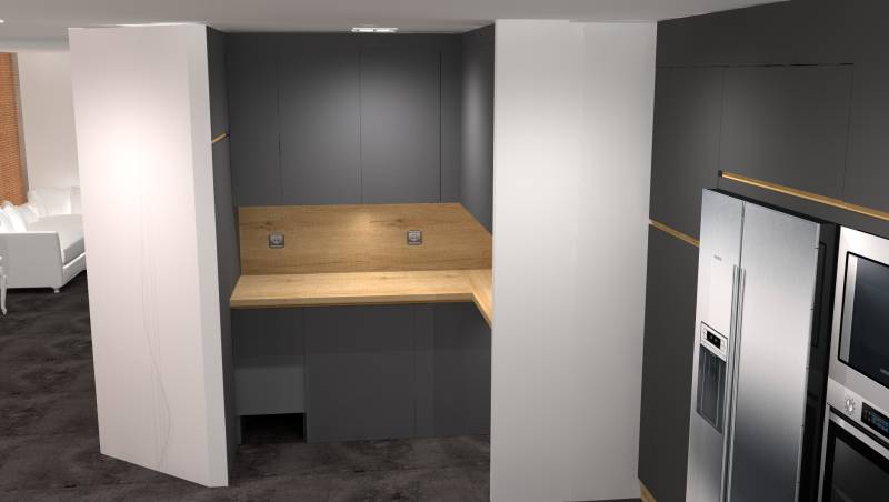 Création d'un cellier cuisine sur mesure colori gris anthracite plan de travail bois et poignées profil bronze à Saint Selve