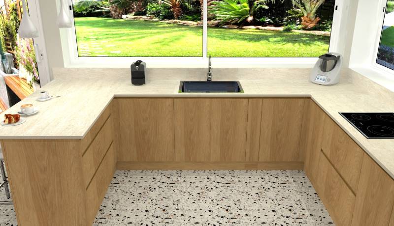 Cuisine 3D en bois avec plan de travail clair à La Brède près de Bordeaux