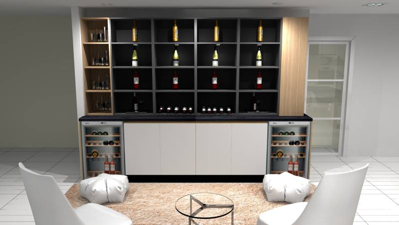 Création d'un espace cave à vin assorti à une cuisine sur mesure blanc mat et profil bronze avec lumières intégrées à Martillac