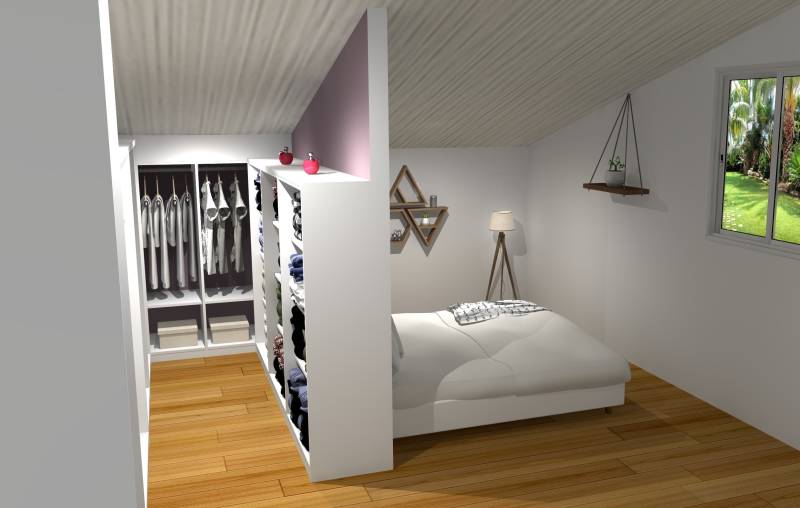 Création d'un dressing en 3D dans suite parentale en forme de U composé de penderies, étagères et tiroirs à Gujan Mestras