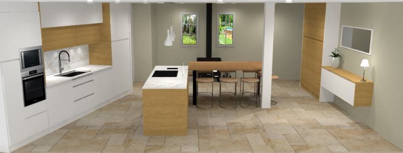 Cuisine blanche prise de main et bois massif à Castres Gironde