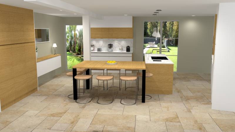 Cusiine blanche avec colonnes en bois massif à Castres Gironde