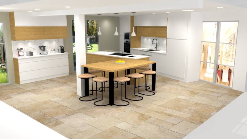 Cuisine blanche avec table en bois massif et tabourets à Castres Gironde