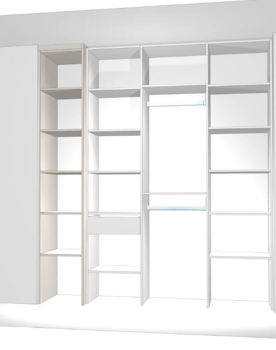 Perspective et dessin d'un dressing avec étagères, tiroirs, penderie et bibliothèque à Langon