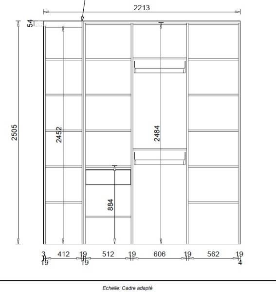 PLan technique pour dressing avec étagères, penderie et tiroir à Langon