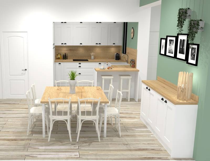 Conception d'un projet 3D d'une cuisine sur mesure style campagne louisiane en 5 bois blanche avec poignées coquillages à Bordeaux